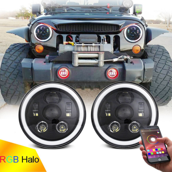 RGB Halo LED Far 7 Inç Jeep Wrangler JK JL Için Çok Fonksiyonlu RGB Far